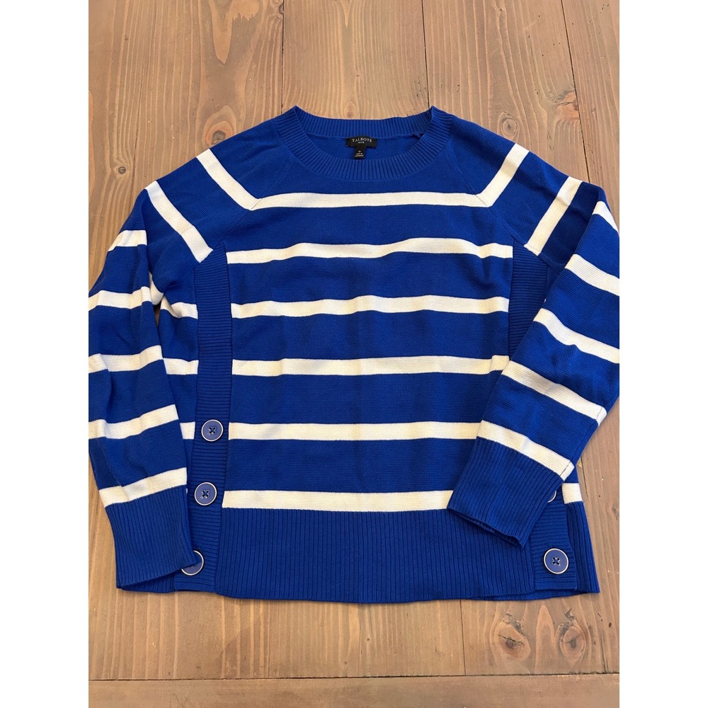 G25 Talbots Petite Blue White Striped Button Side Crew Neck Sweater SP Womens